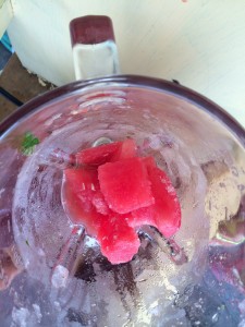 Frozen watermelon chunks in our blender.